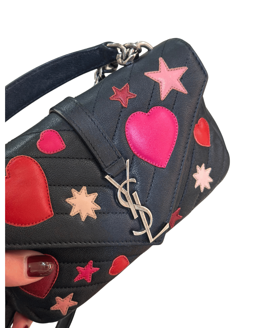 MINI COLLEGE YSL NERA CON PATCH CUORI E STELLE