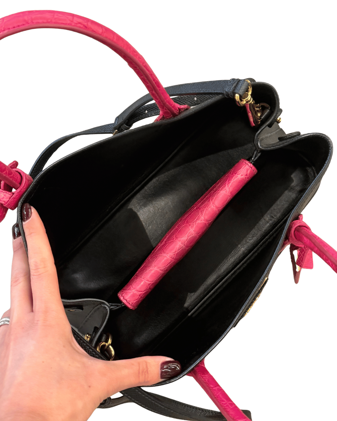 PRADA DOUBLE NERA CON MANICI STAMPA COCCO FUCSIA