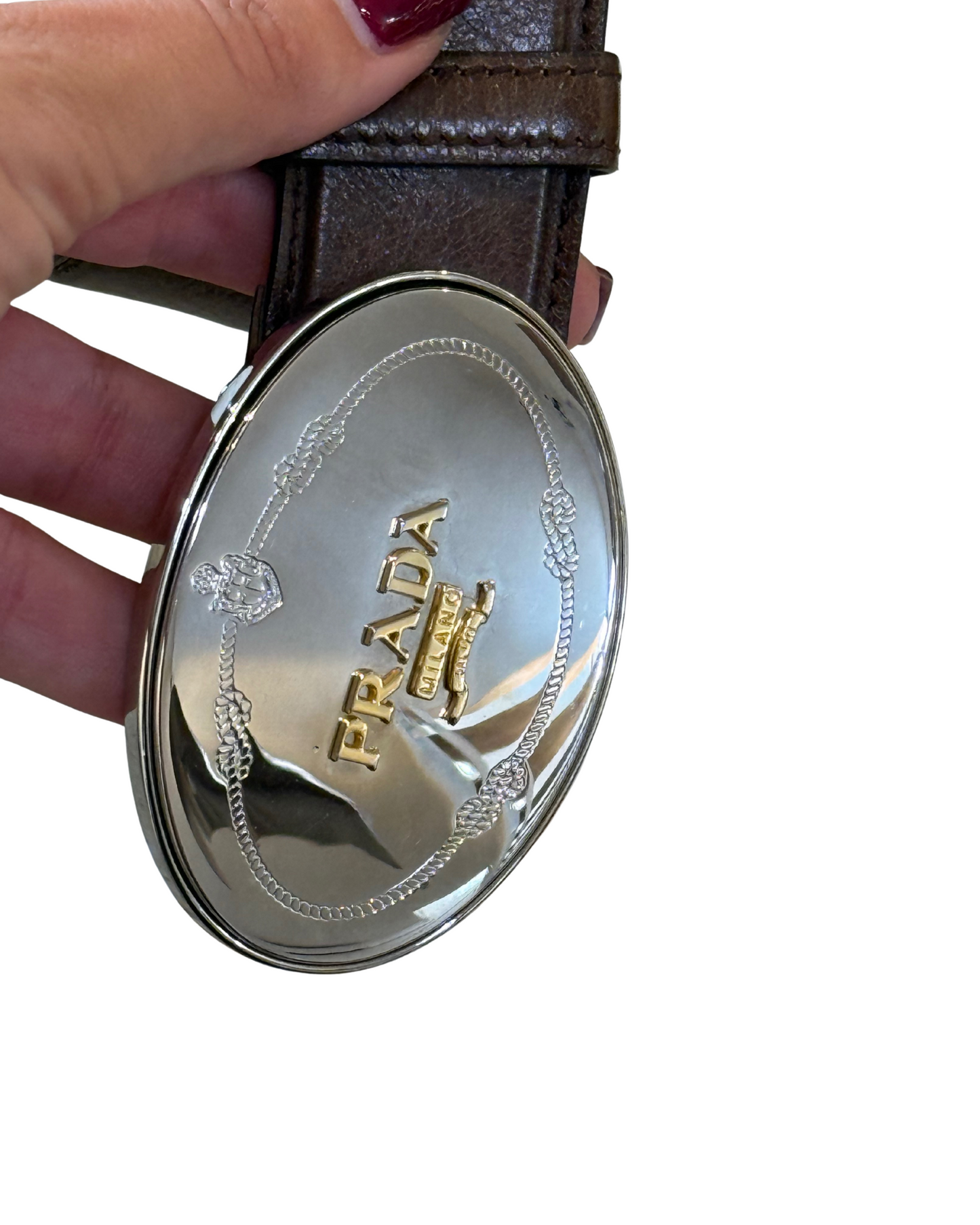 CINTURA PRADA MARRONE CON FIBBIA SPECCHIATA