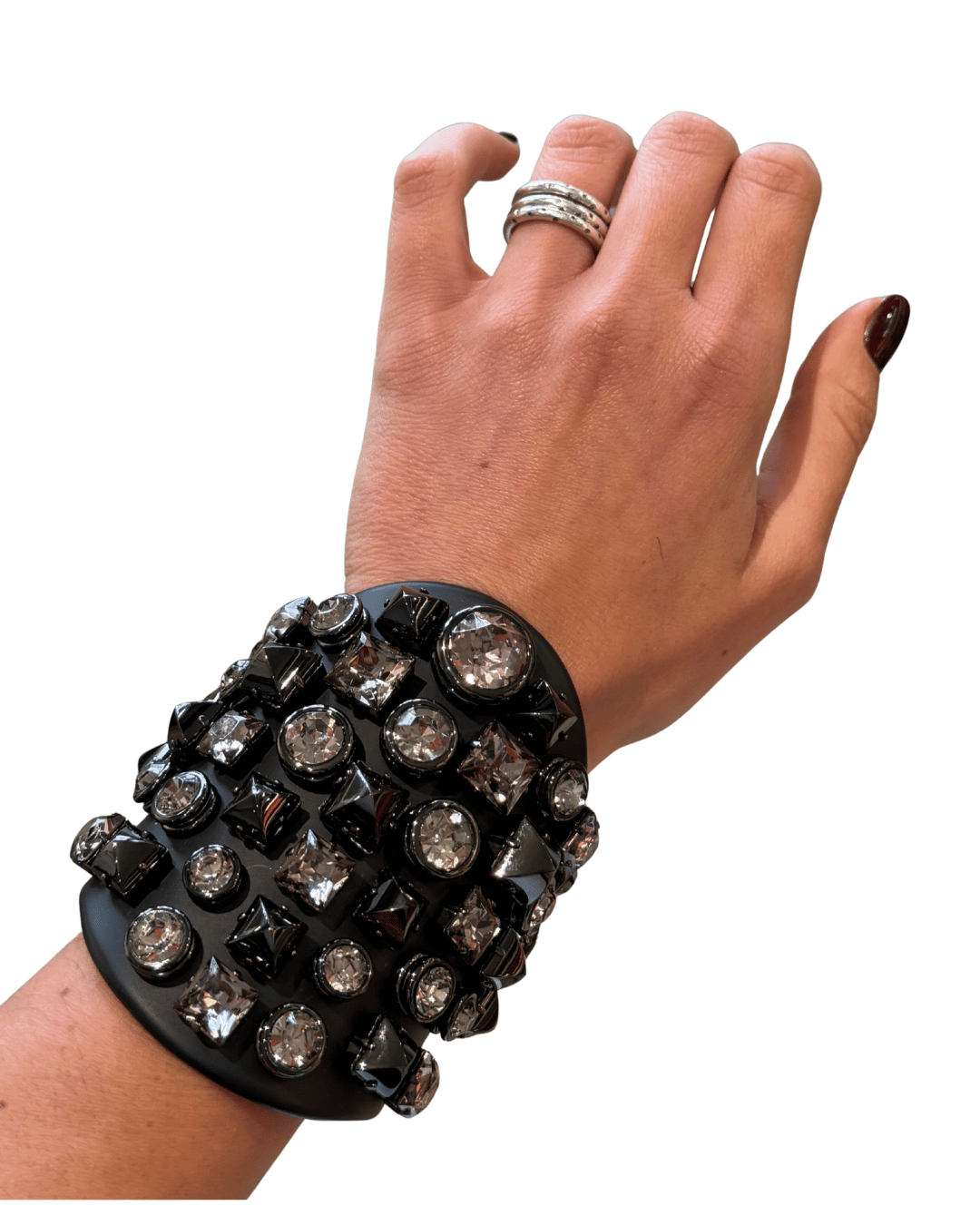 MAXI BRACCIALE GUCCI RIGIDO NERO CON CRISTALLI E STUDS