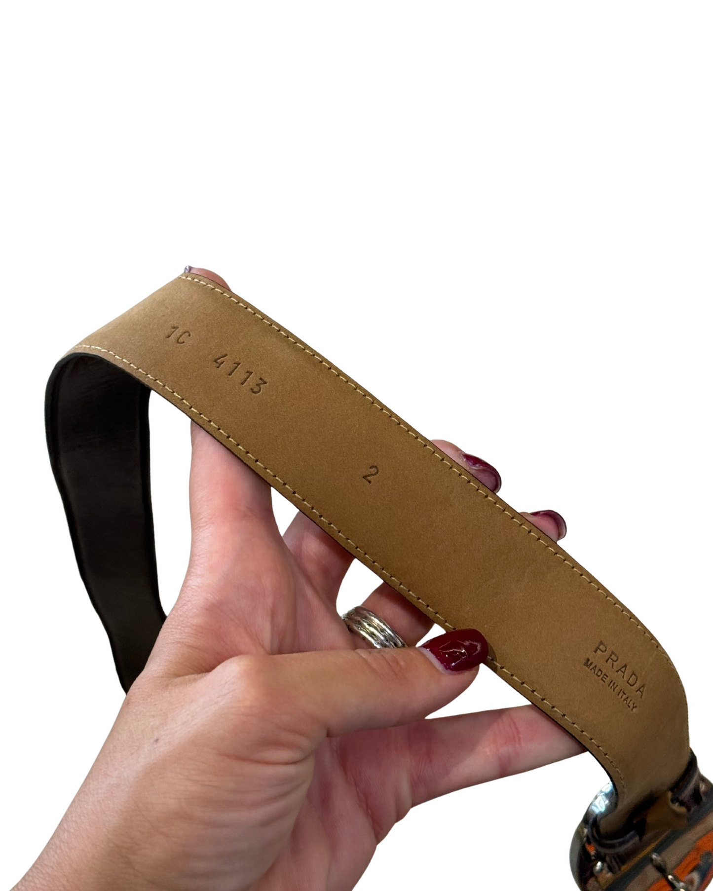 CINTURA PRADA MARRONE CON FIBBIA SPECCHIATA
