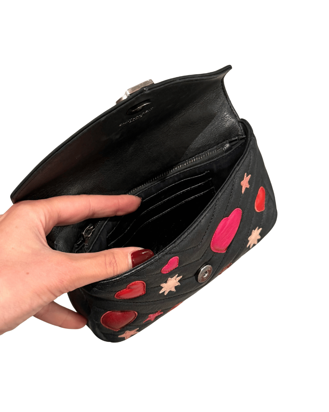 MINI COLLEGE YSL NERA CON PATCH CUORI E STELLE
