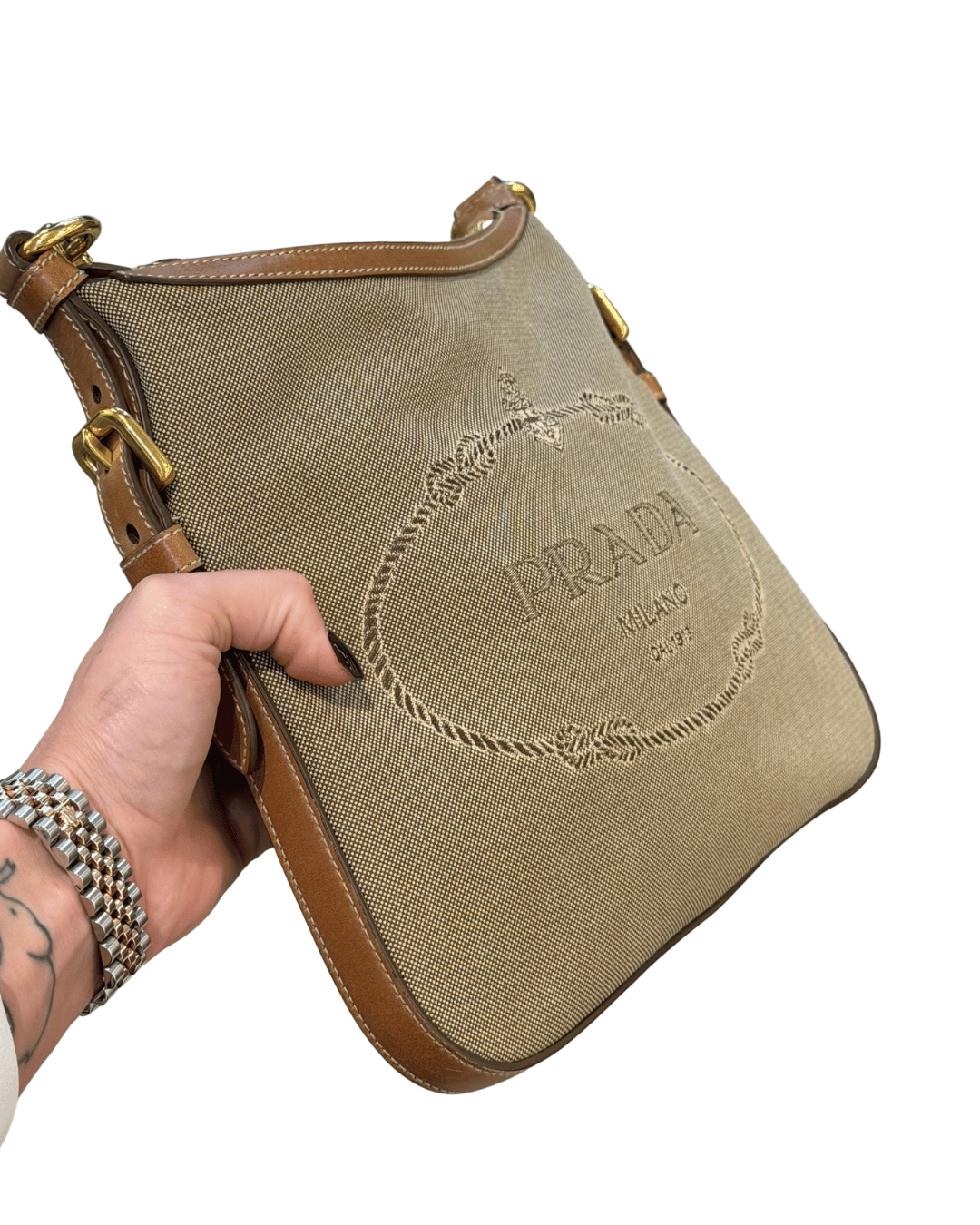 BORSA PRADA TRACOLLA TESSUTO BEIGE