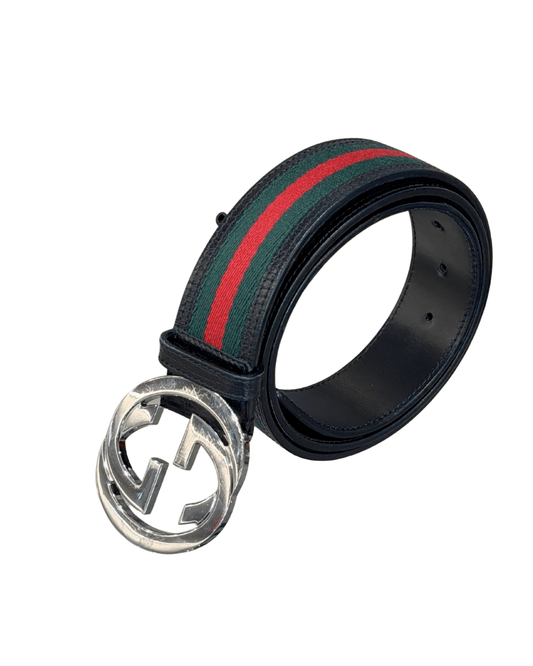 CINTURA GUCCI PELLE NERA E FASCIA WEB