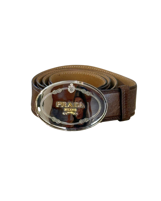 CINTURA PRADA MARRONE CON FIBBIA SPECCHIATA