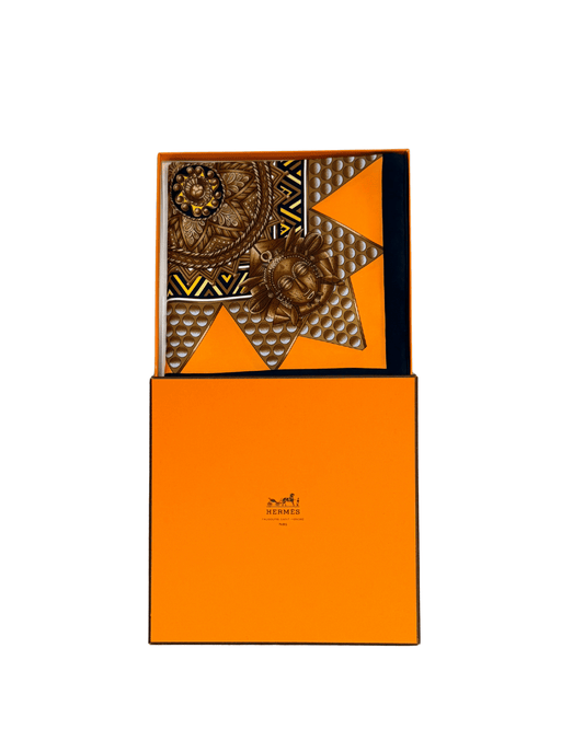 FOULARD HERMES "L'OR DES CHEFS" ARANCIO E NERO