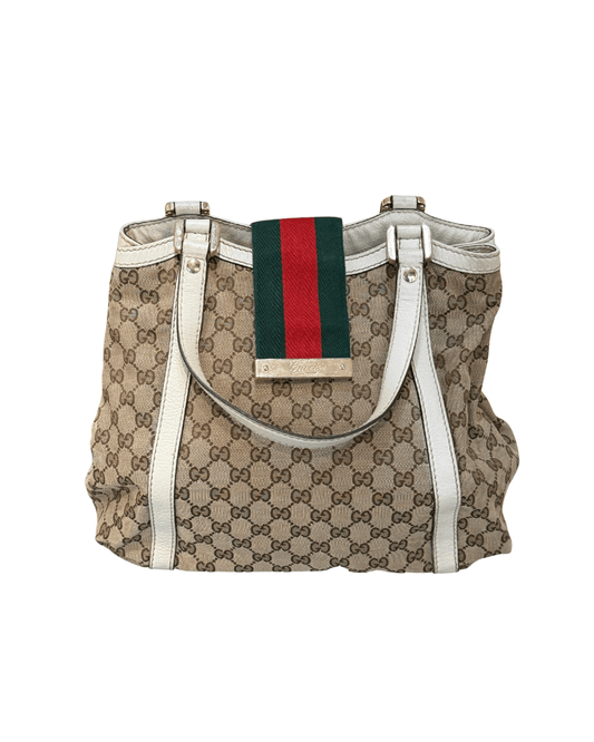 SHOPPER GUCCI GG SUPREME CON RIFINITURE AVORIO PATTA FASCIA WEB