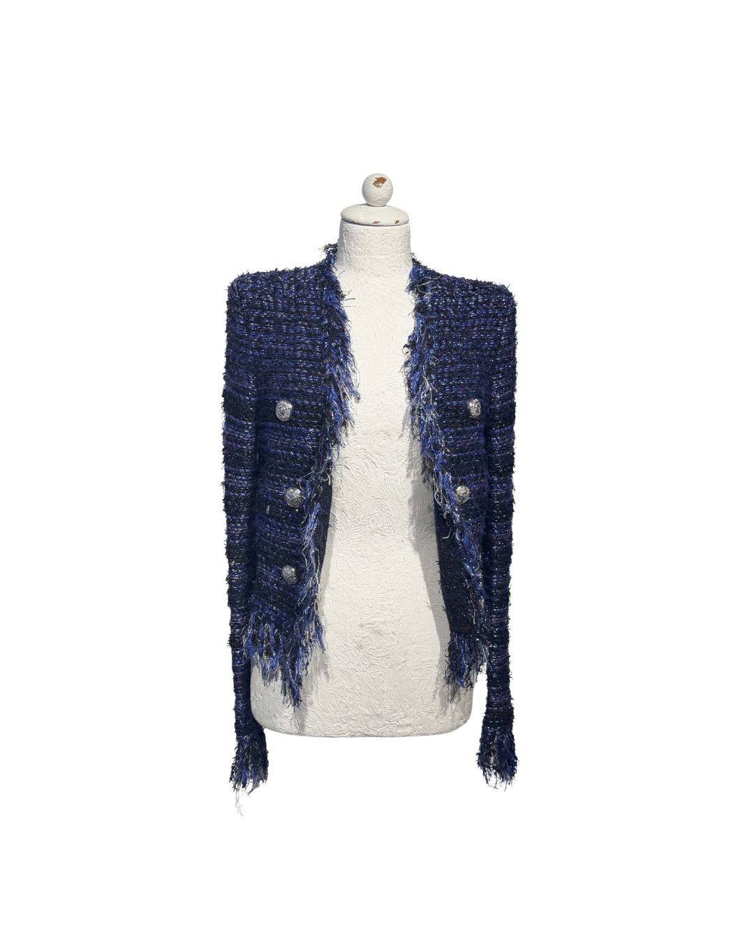 GIACCA BALMAIN PARIS TWEED BLU FRANGE Tg 38