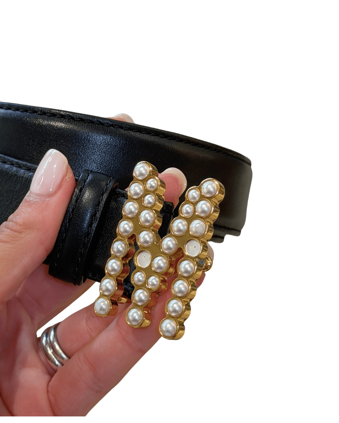 CINTURA MOSCHINO NERA FIBBIA PERLE
