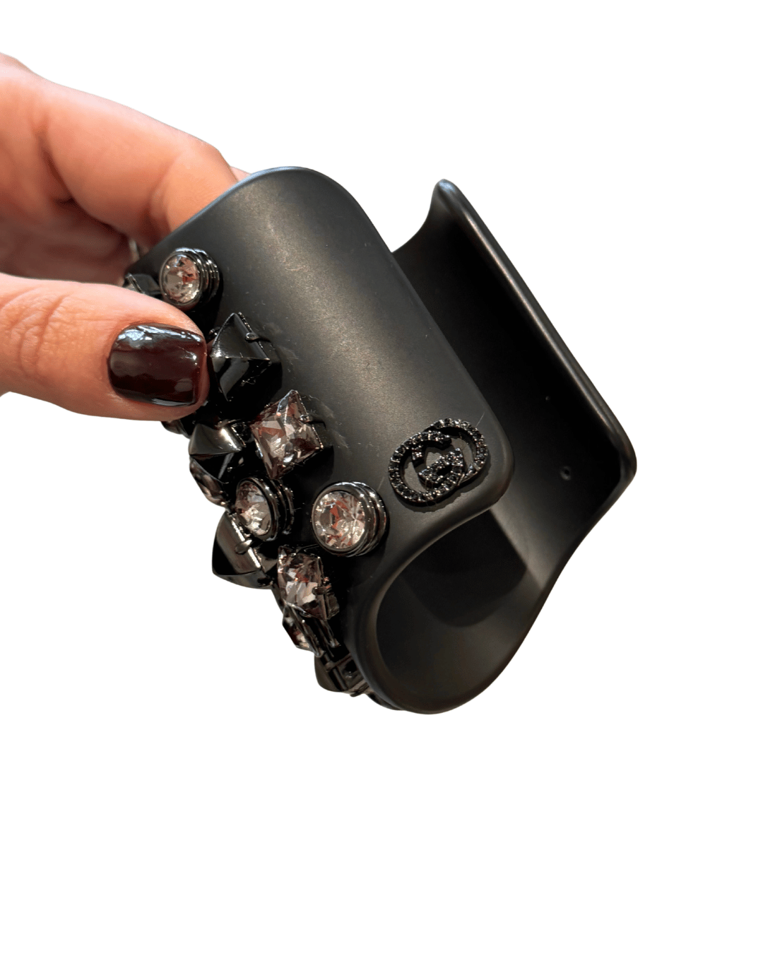 MAXI BRACCIALE GUCCI RIGIDO NERO CON CRISTALLI E STUDS