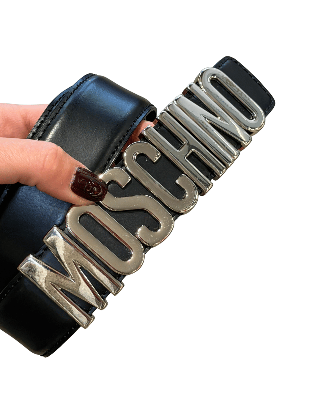 CINTURA MOSCHINO NERA HARDWARE ARGENTATO