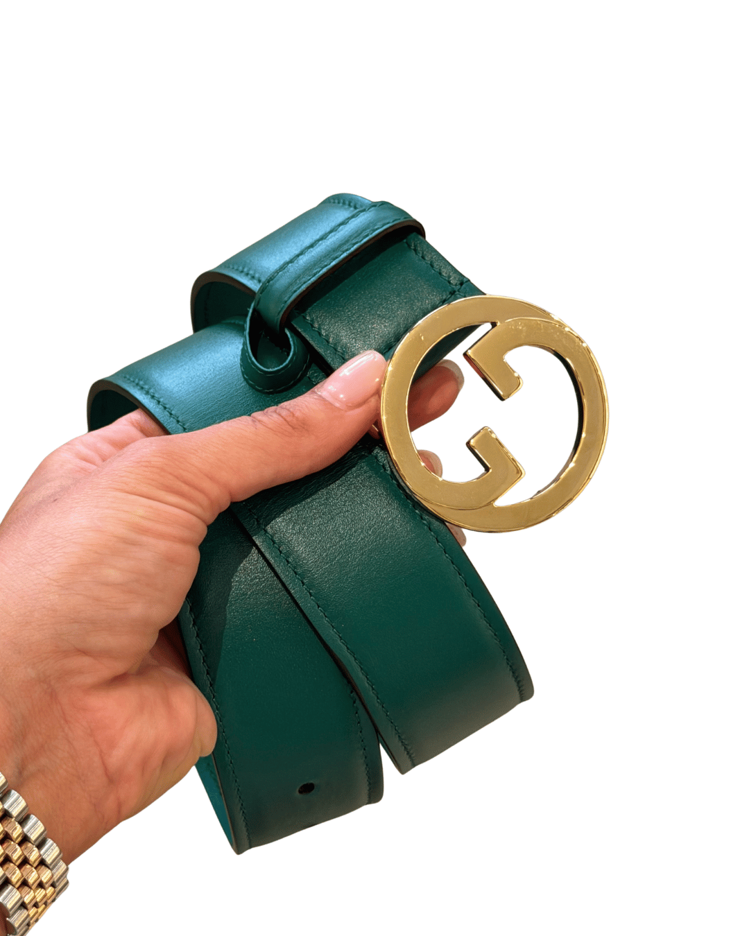 CINTURA GUCCI VERDE HARDWARE CHAMPAGNE 70