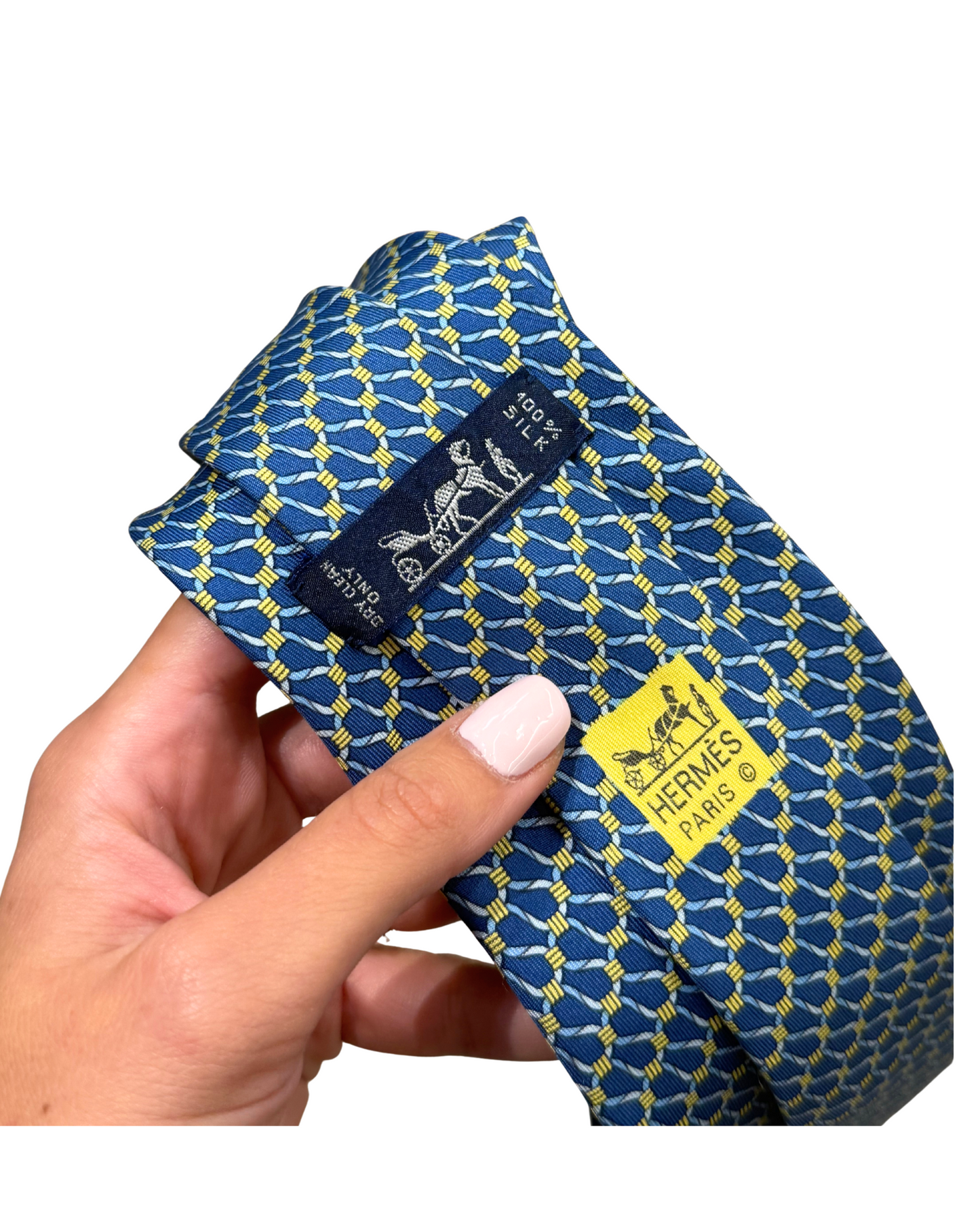 CRAVATTA HERMES MOTIVO GEOMETRICO BLU E GIALLO