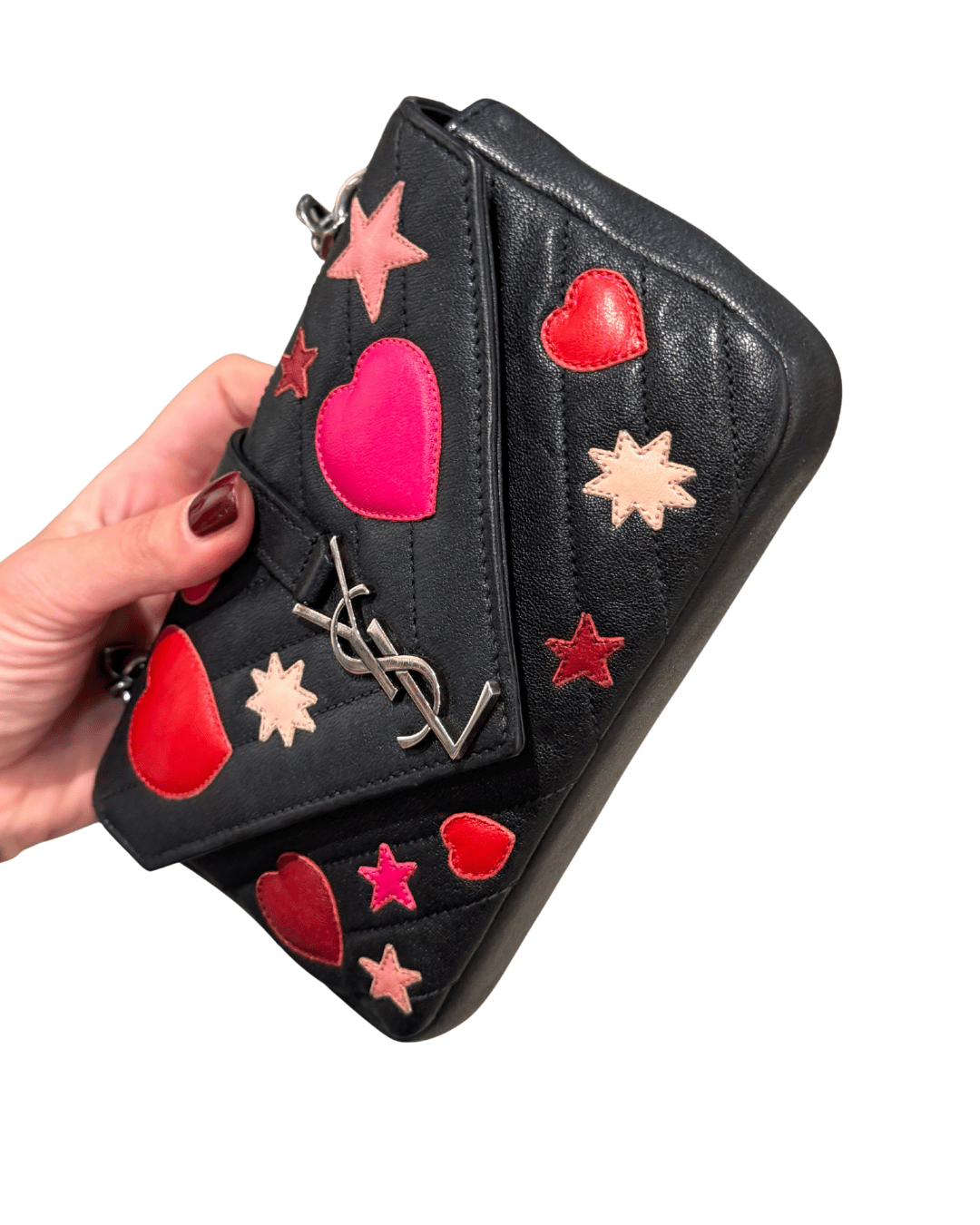 MINI COLLEGE YSL NERA CON PATCH CUORI E STELLE