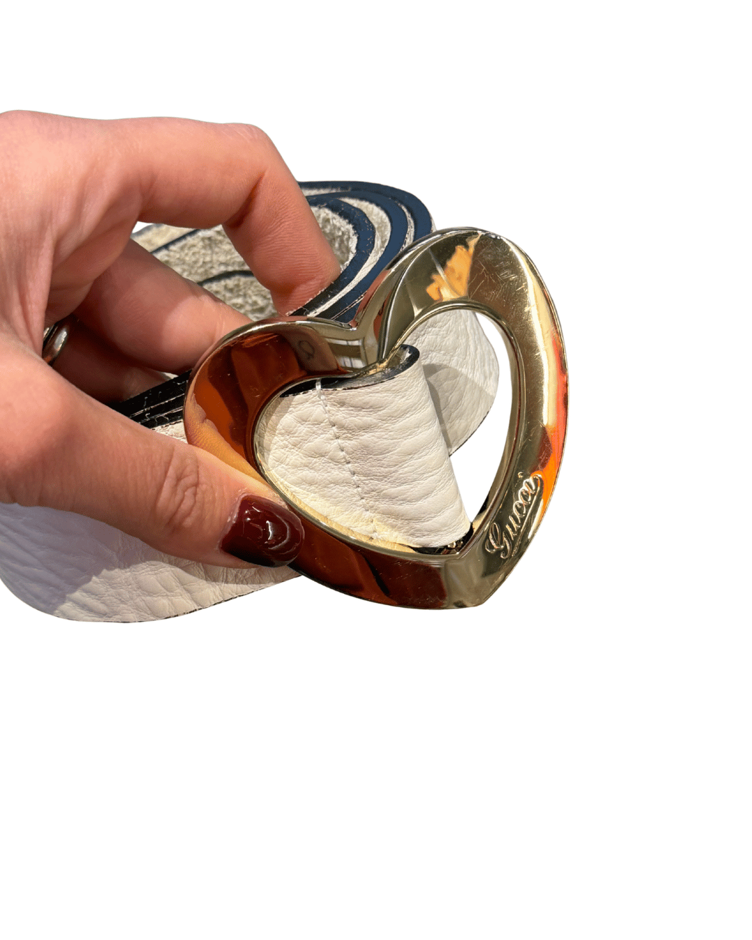 CINTURA GUCCI PELLE BIANCA FIBBIUA CUORE