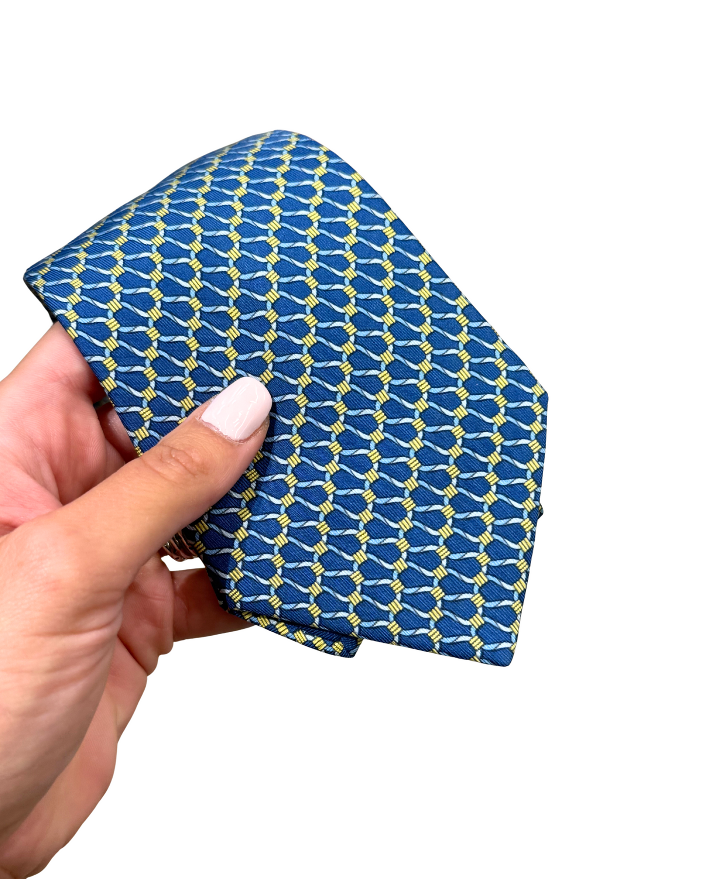 CRAVATTA HERMES MOTIVO GEOMETRICO BLU E GIALLO