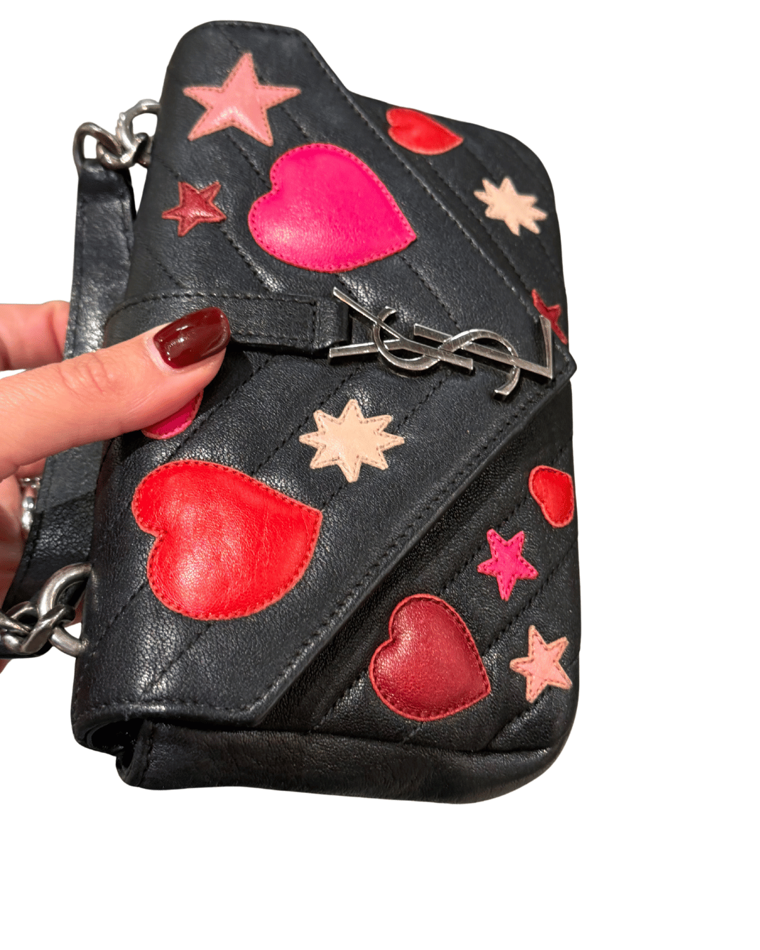 MINI COLLEGE YSL NERA CON PATCH CUORI E STELLE