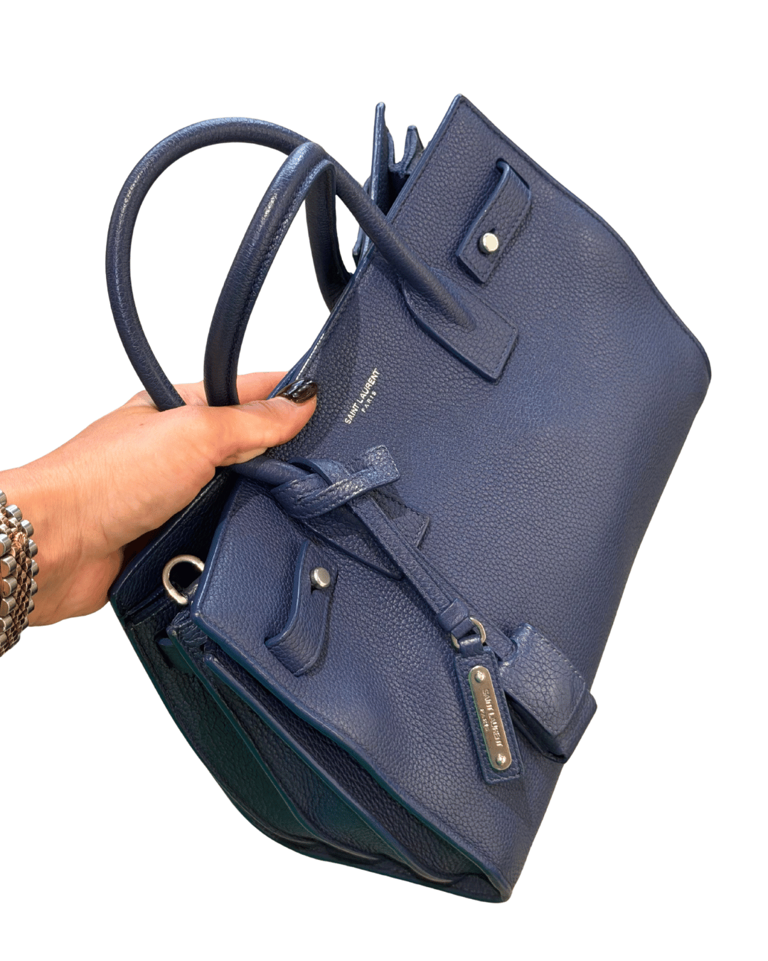 SAC DE JOUR SMALL YSL BLU PELLE MARTELLATA