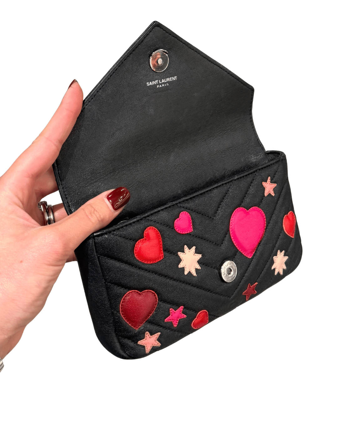 MINI COLLEGE YSL NERA CON PATCH CUORI E STELLE