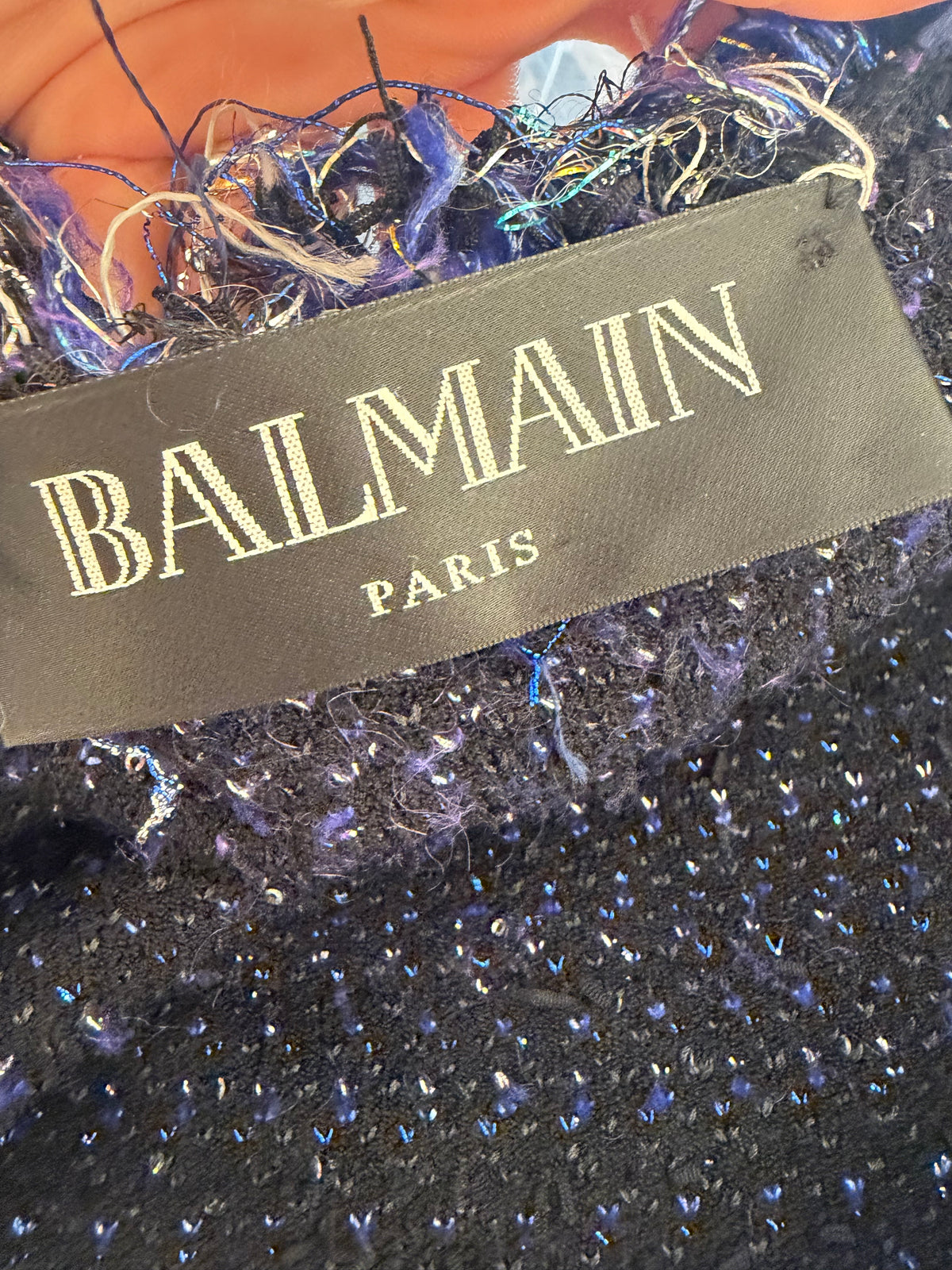 GIACCA BALMAIN PARIS TWEED BLU FRANGE Tg 38