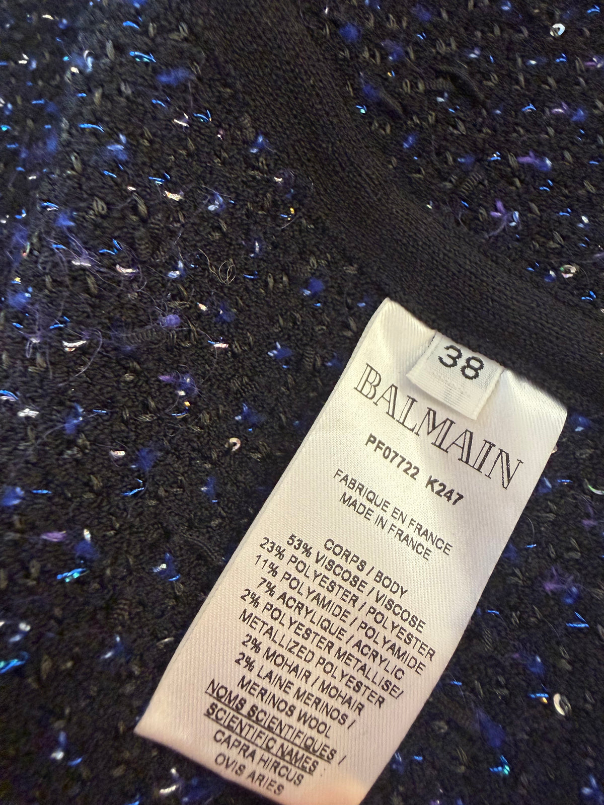 GIACCA BALMAIN PARIS TWEED BLU FRANGE Tg 38