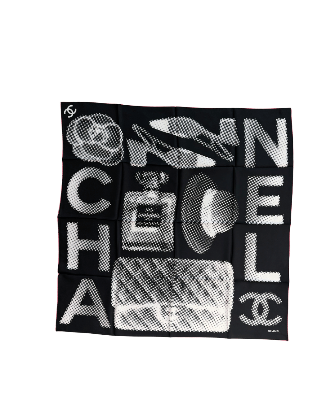 FOULARD CHANEL SETA NERO STAMPA GRAFICA TONI NERO