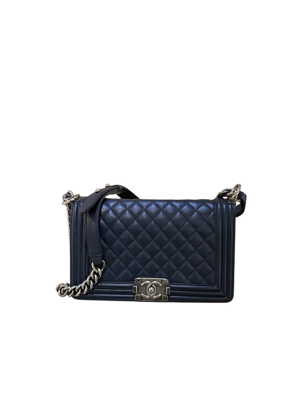 CHANEL BOY BAG PELLE BLU NAVY ARGENTO ANTICO