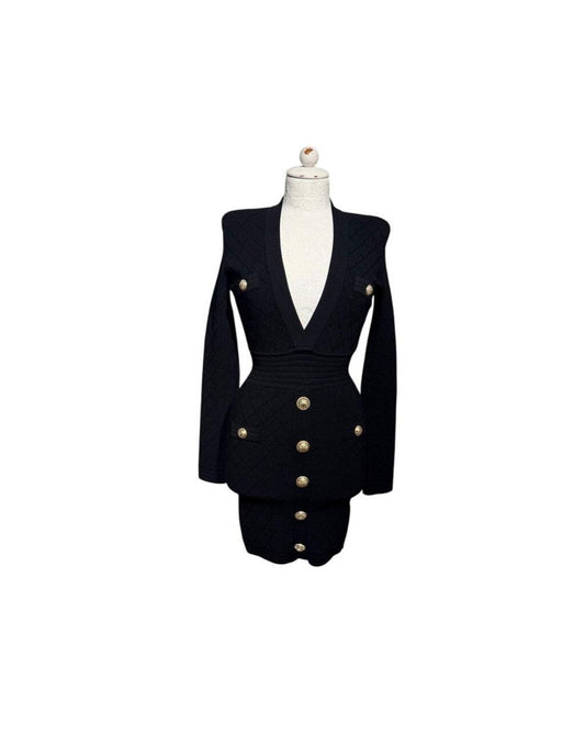 BALMAIN PARIS ABITO MAGLIA NERA BOTTONI DORATI Tg 38