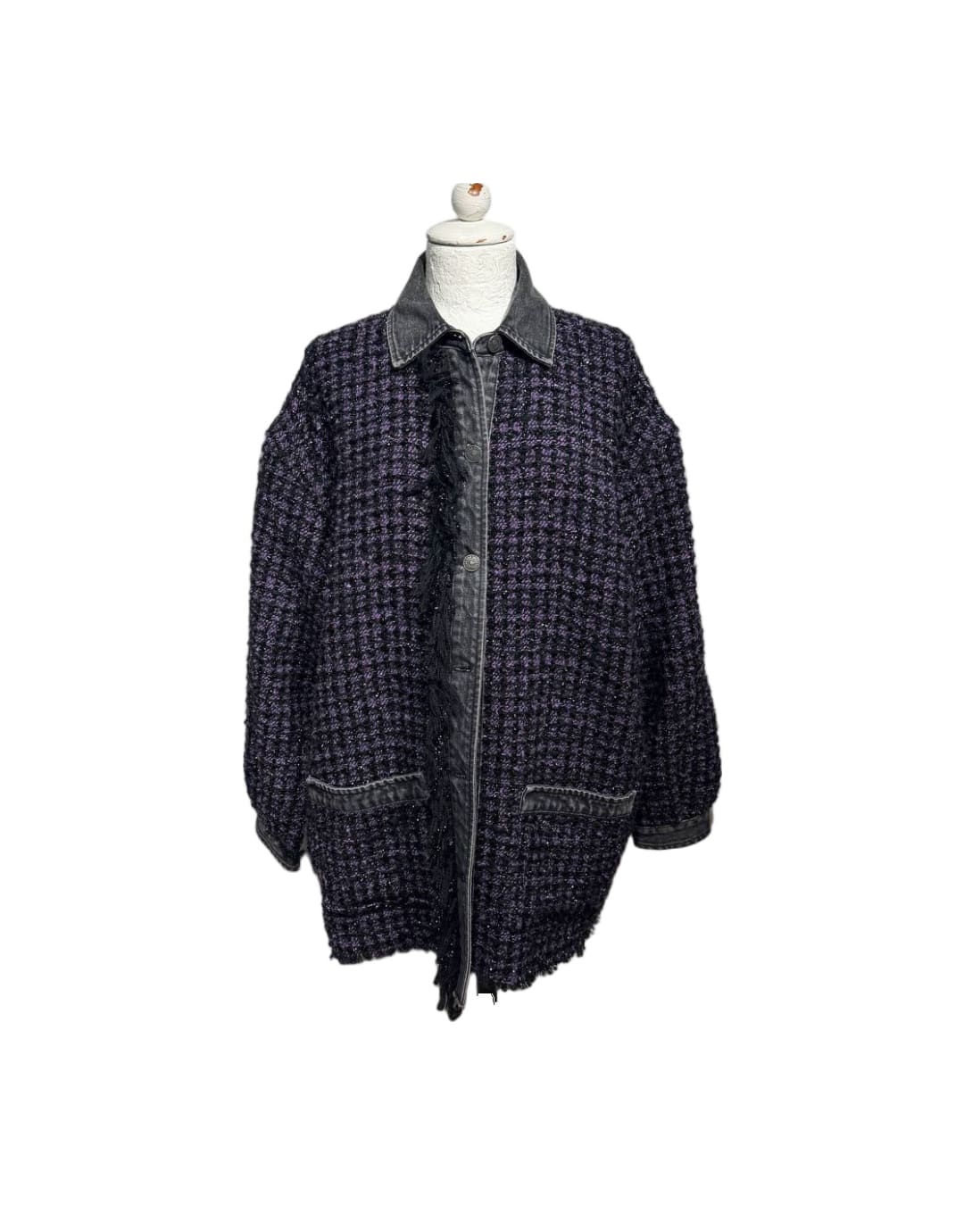 GIACCA DIESEL TWEED BOUCLÉ VIOLA E NERO DENIM OVERSIZE Tg XS