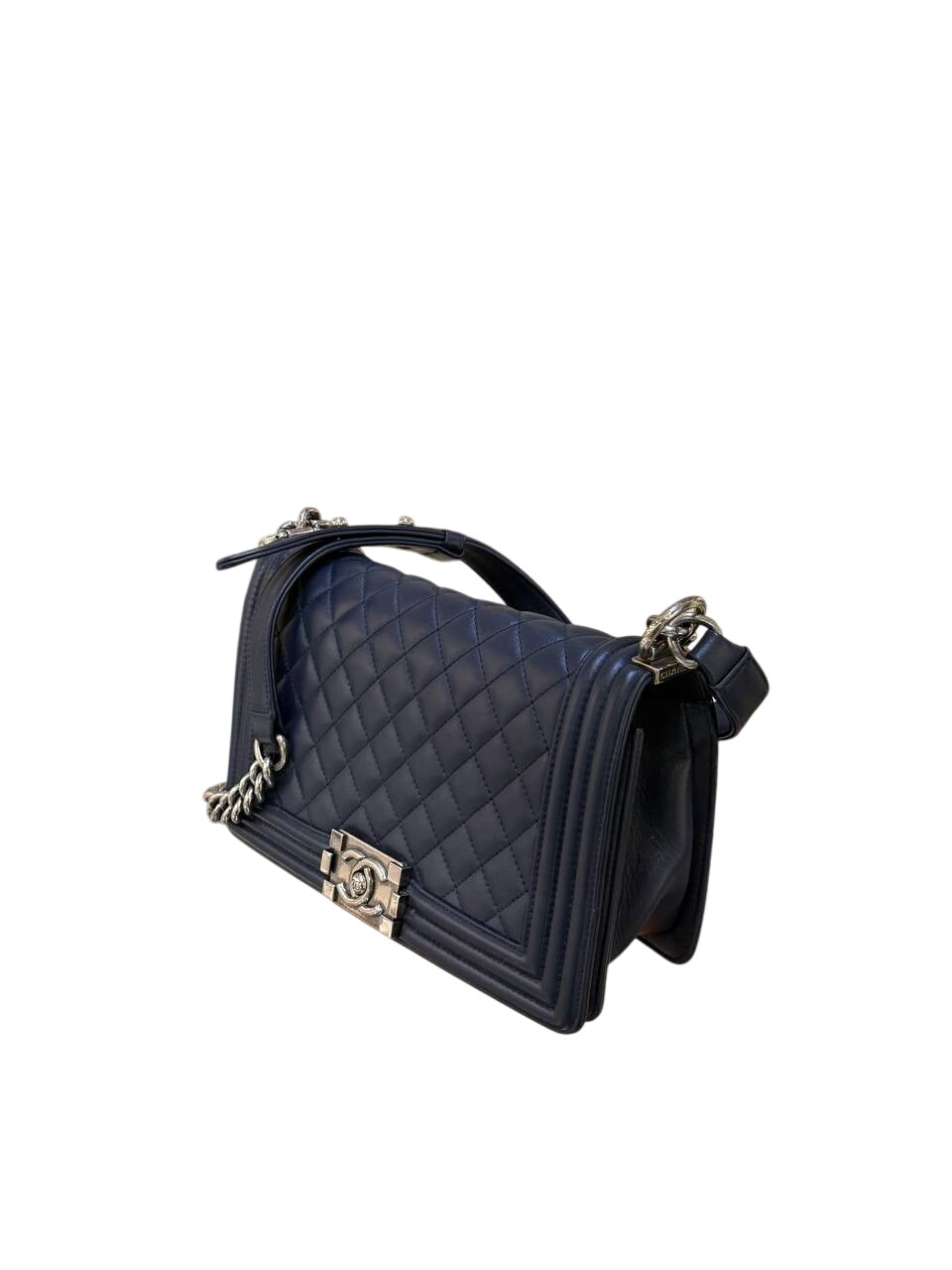 CHANEL BOY BAG PELLE BLU NAVY ARGENTO ANTICO