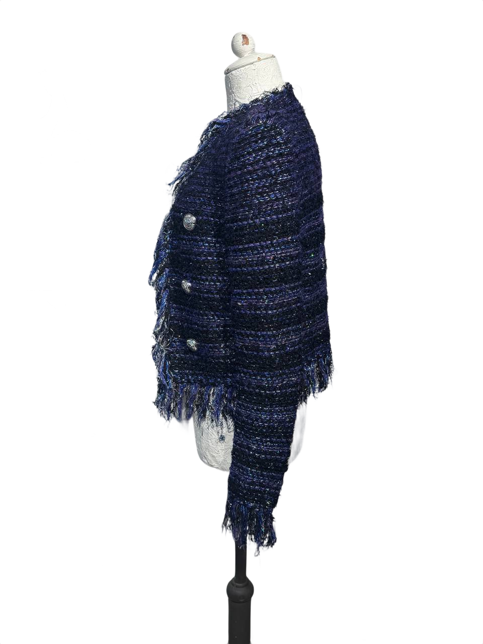 GIACCA BALMAIN PARIS TWEED BLU FRANGE Tg 38
