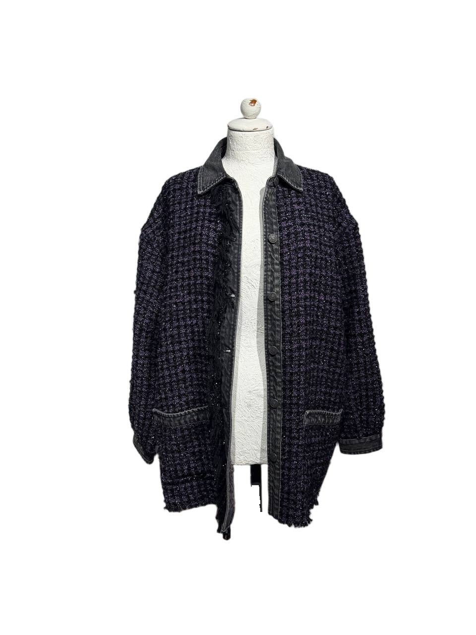 GIACCA DIESEL TWEED BOUCLÉ VIOLA E NERO DENIM OVERSIZE Tg XS