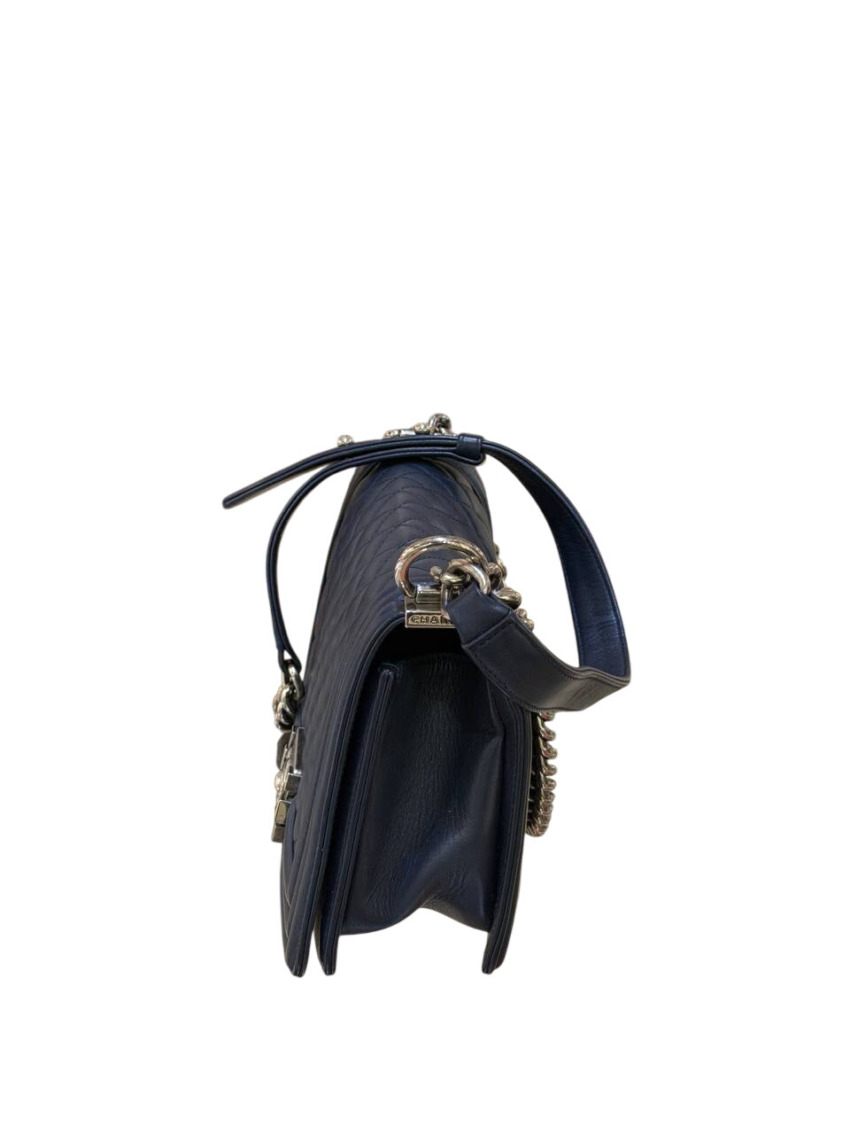 CHANEL BOY BAG PELLE BLU NAVY ARGENTO ANTICO