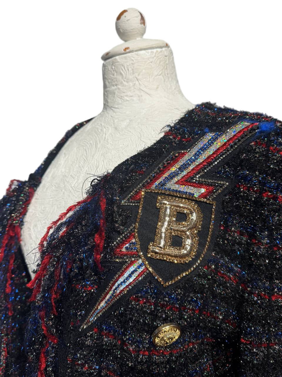 GIACCA BALMAIN NERA LUREX CON STEMMA FRONTALE Tg 42