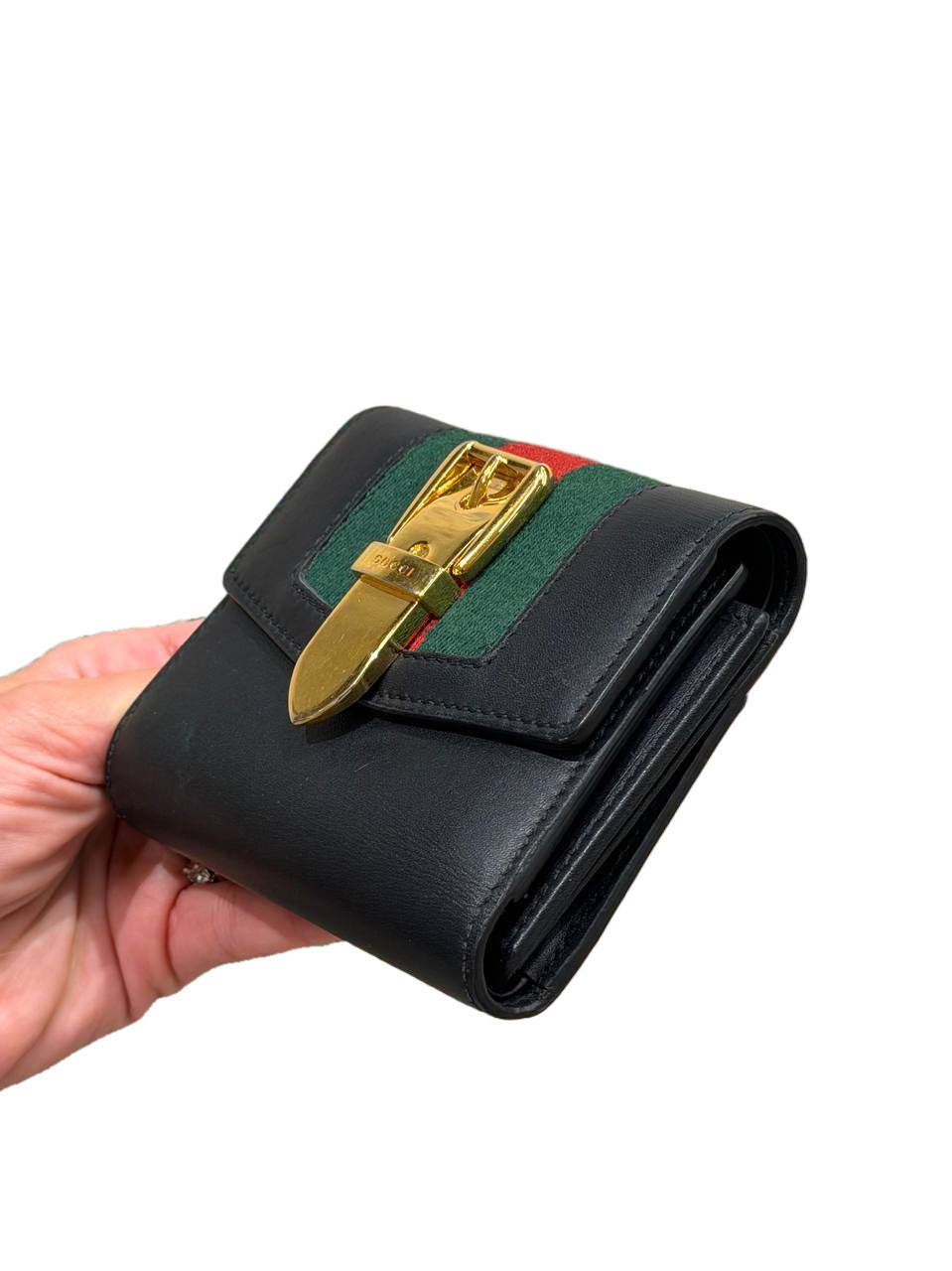 PICCOLO PORTAFOGLIO NERO GUCCI SYLVIE FASCIA WEB ROSSA E VERDE