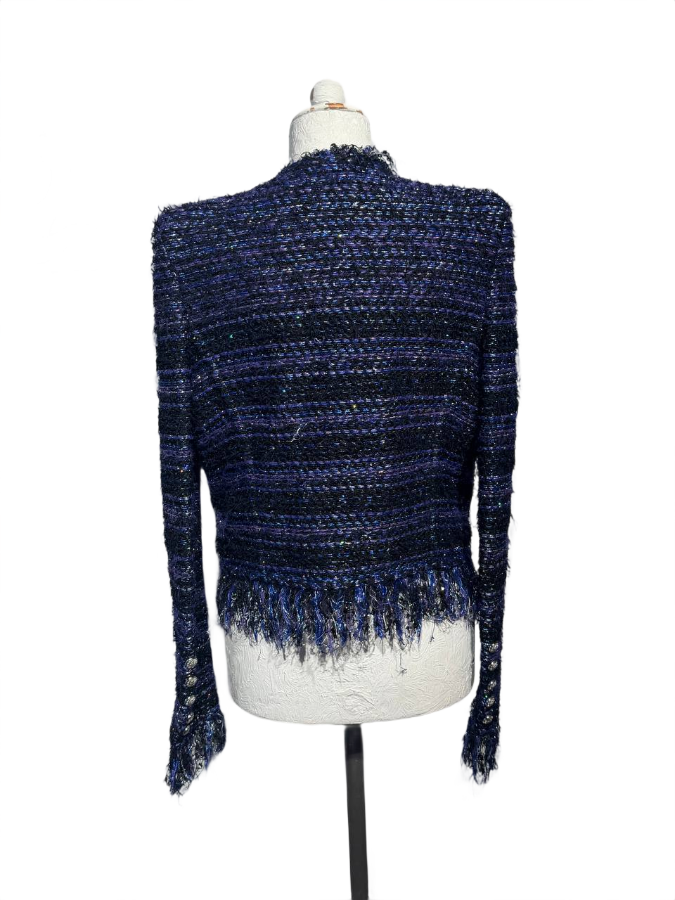 GIACCA BALMAIN PARIS TWEED BLU FRANGE Tg 38