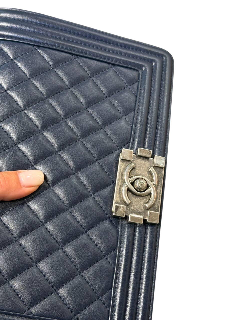 CHANEL BOY BAG PELLE BLU NAVY ARGENTO ANTICO