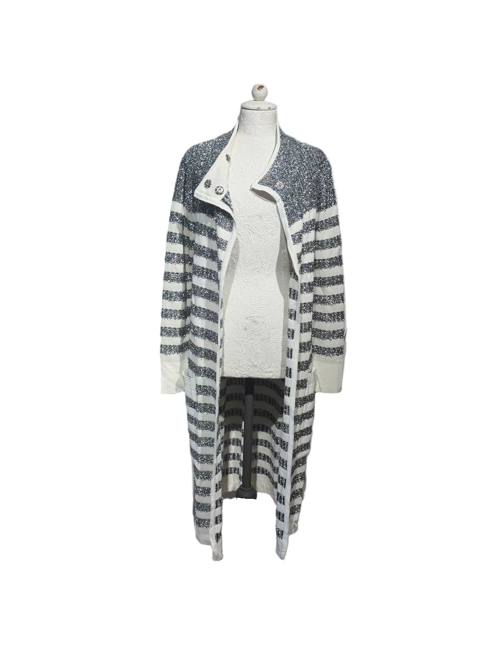 CARDIGAN LUNGO METALLIZZATO A RIGHE BALMAIN Tg 42