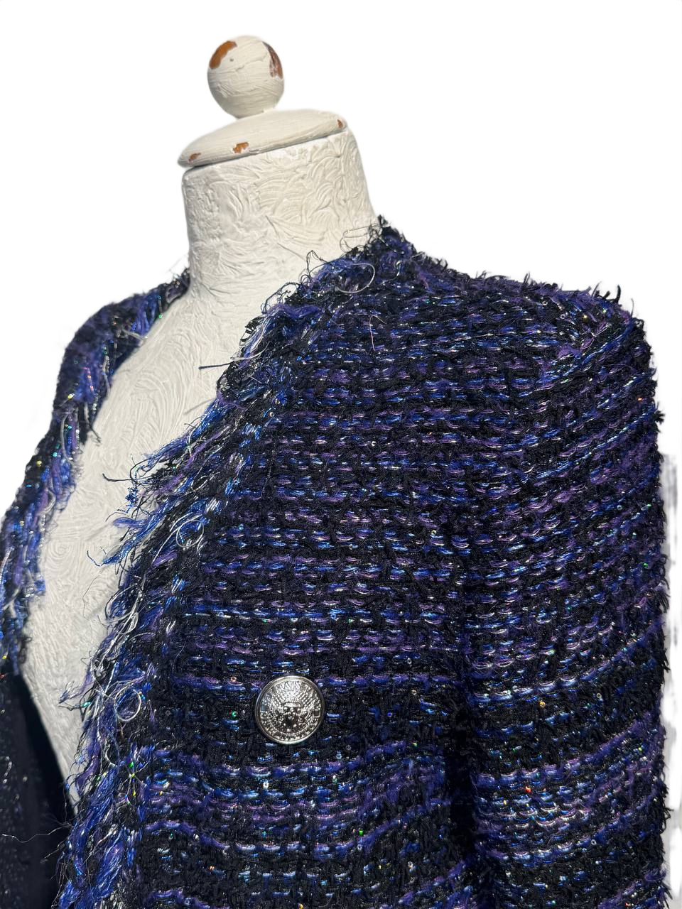 GIACCA BALMAIN PARIS TWEED BLU FRANGE Tg 38