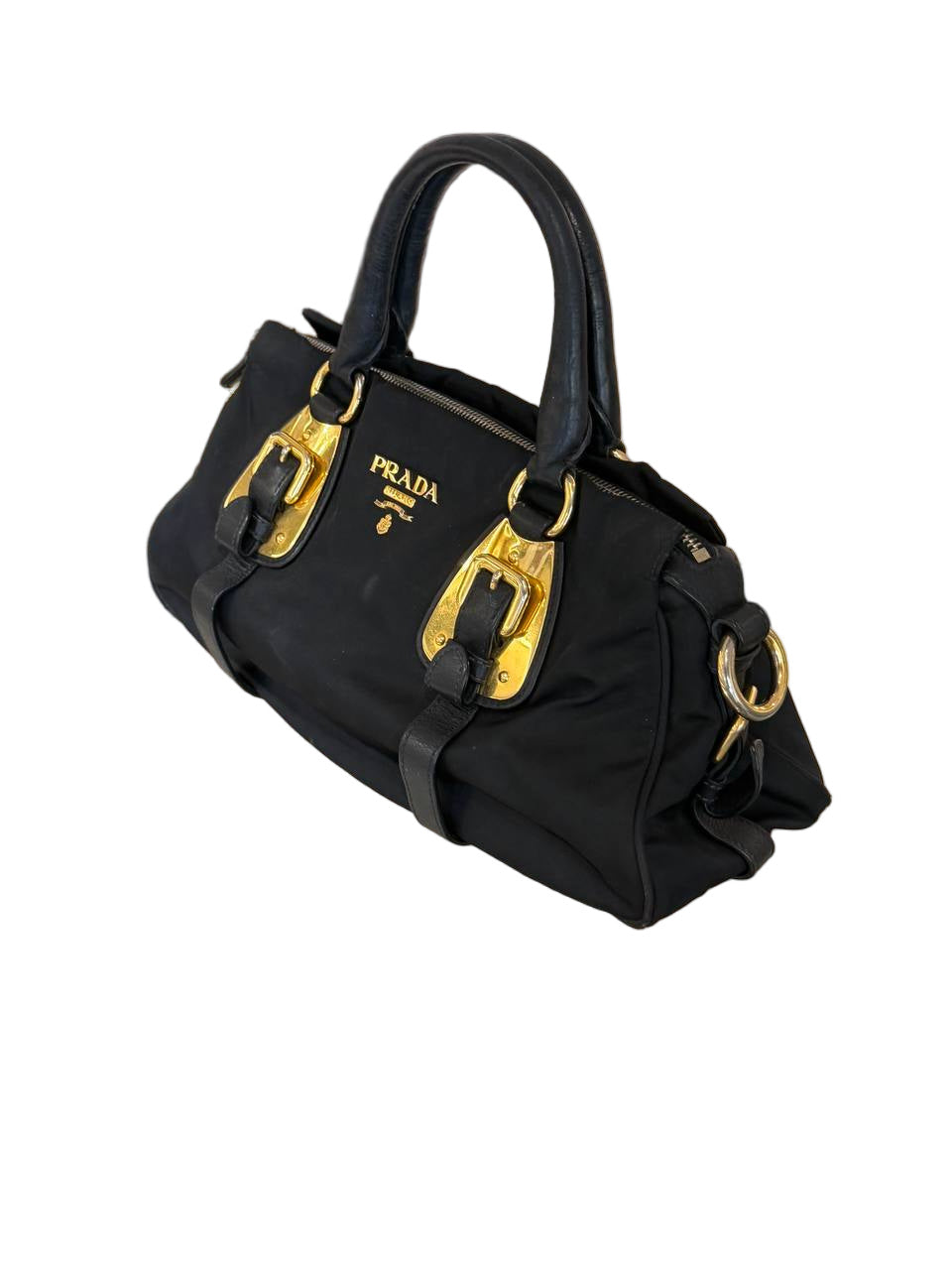 BORSA PRADA IN NYLON NERA HARDWARE DORATO