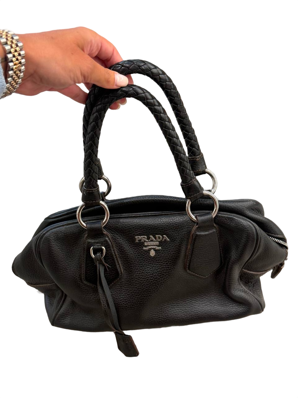 BORSA PRADA IN PELLE NERA MANICI INTRECCIATI