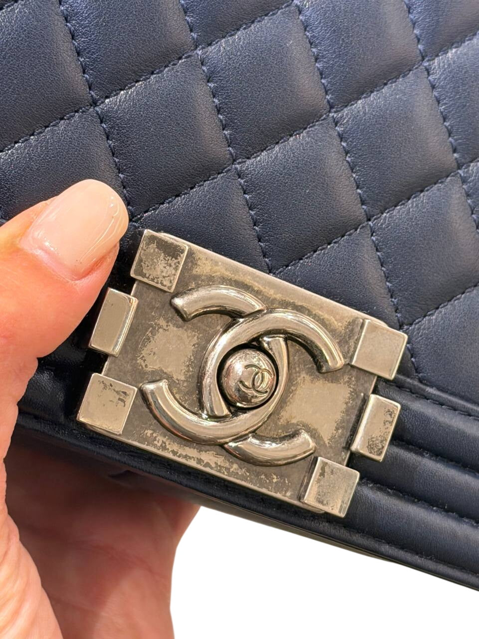 CHANEL BOY BAG PELLE BLU NAVY ARGENTO ANTICO