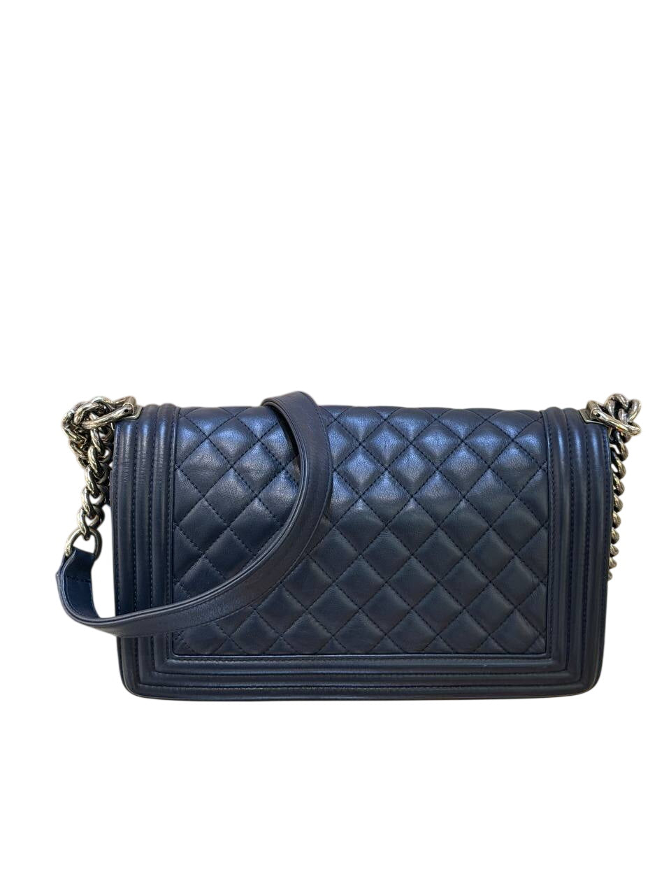 CHANEL BOY BAG PELLE BLU NAVY ARGENTO ANTICO
