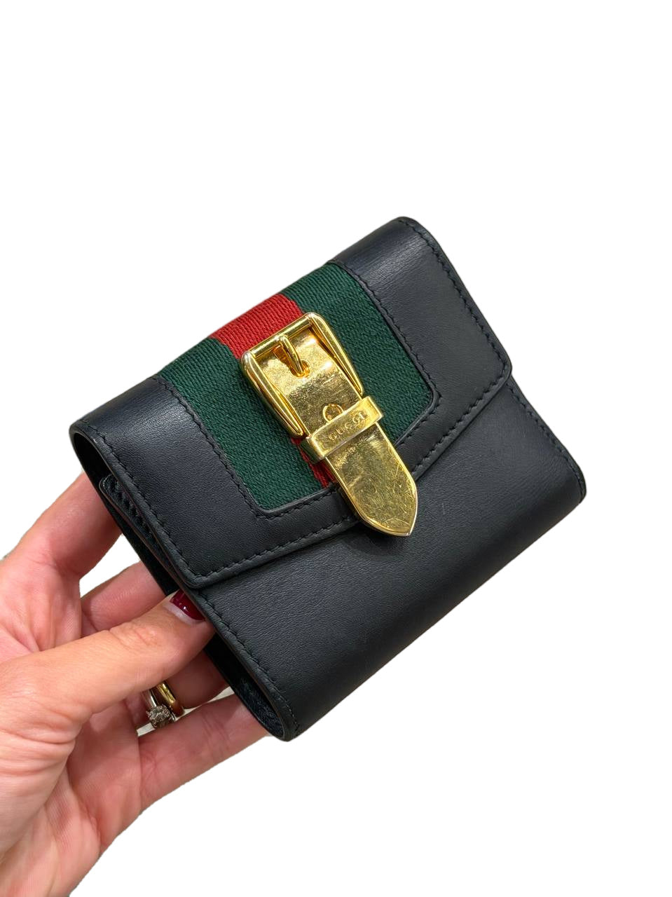 PICCOLO PORTAFOGLIO NERO GUCCI SYLVIE FASCIA WEB ROSSA E VERDE