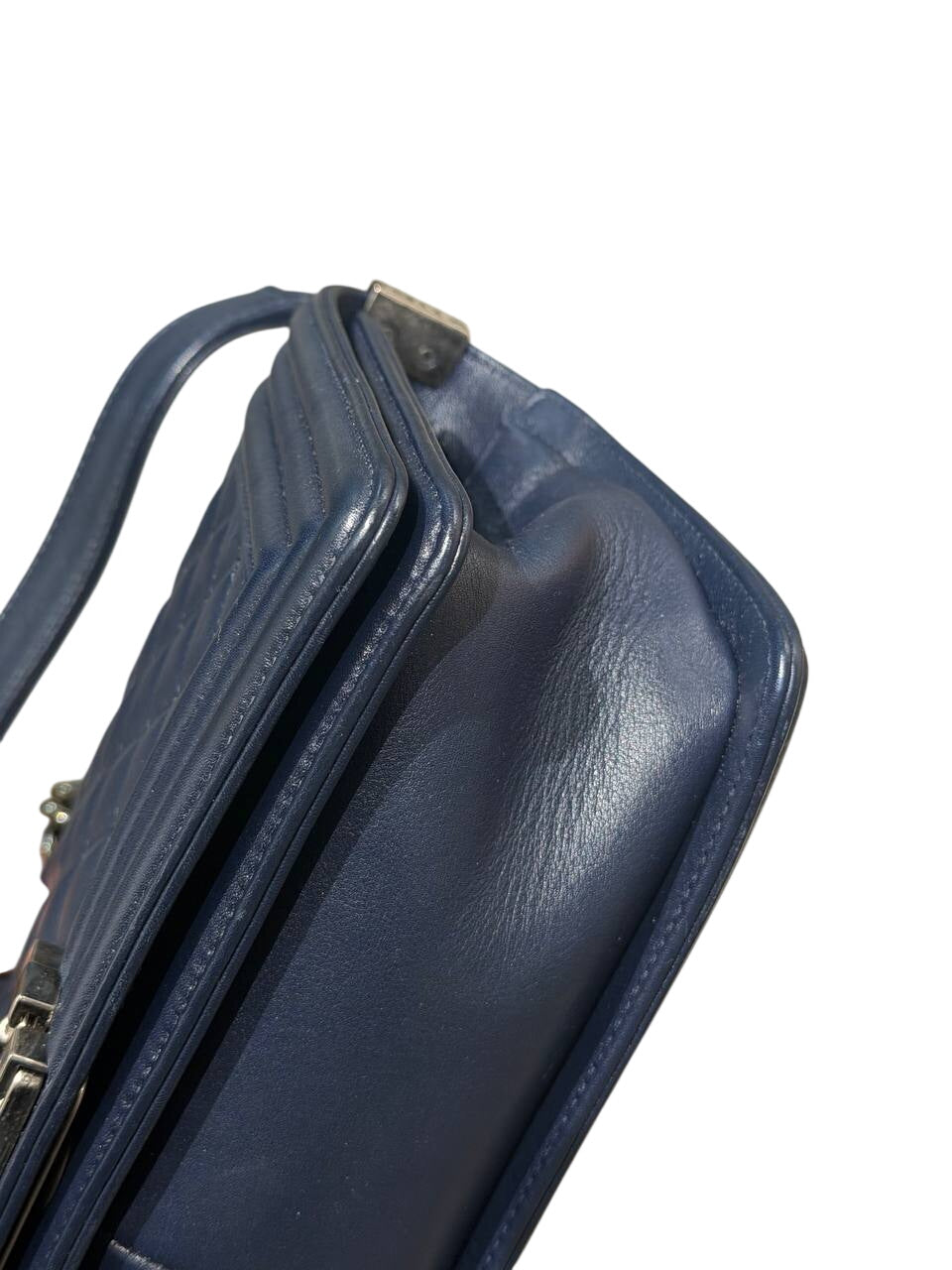 CHANEL BOY BAG PELLE BLU NAVY ARGENTO ANTICO
