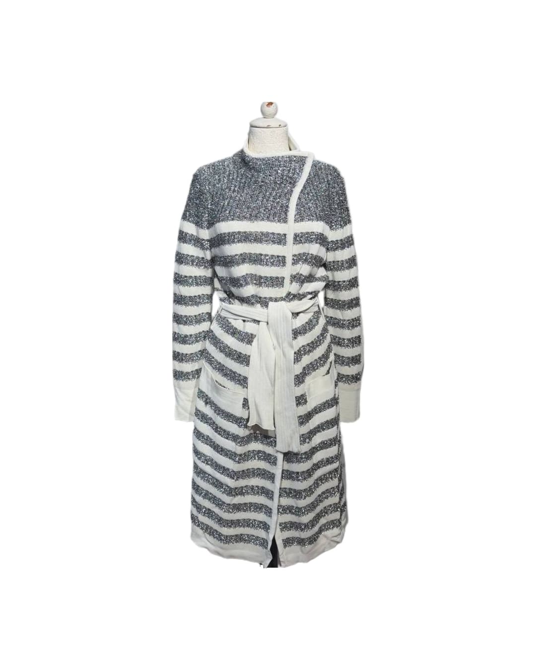 CARDIGAN LUNGO METALLIZZATO A RIGHE BALMAIN Tg 42