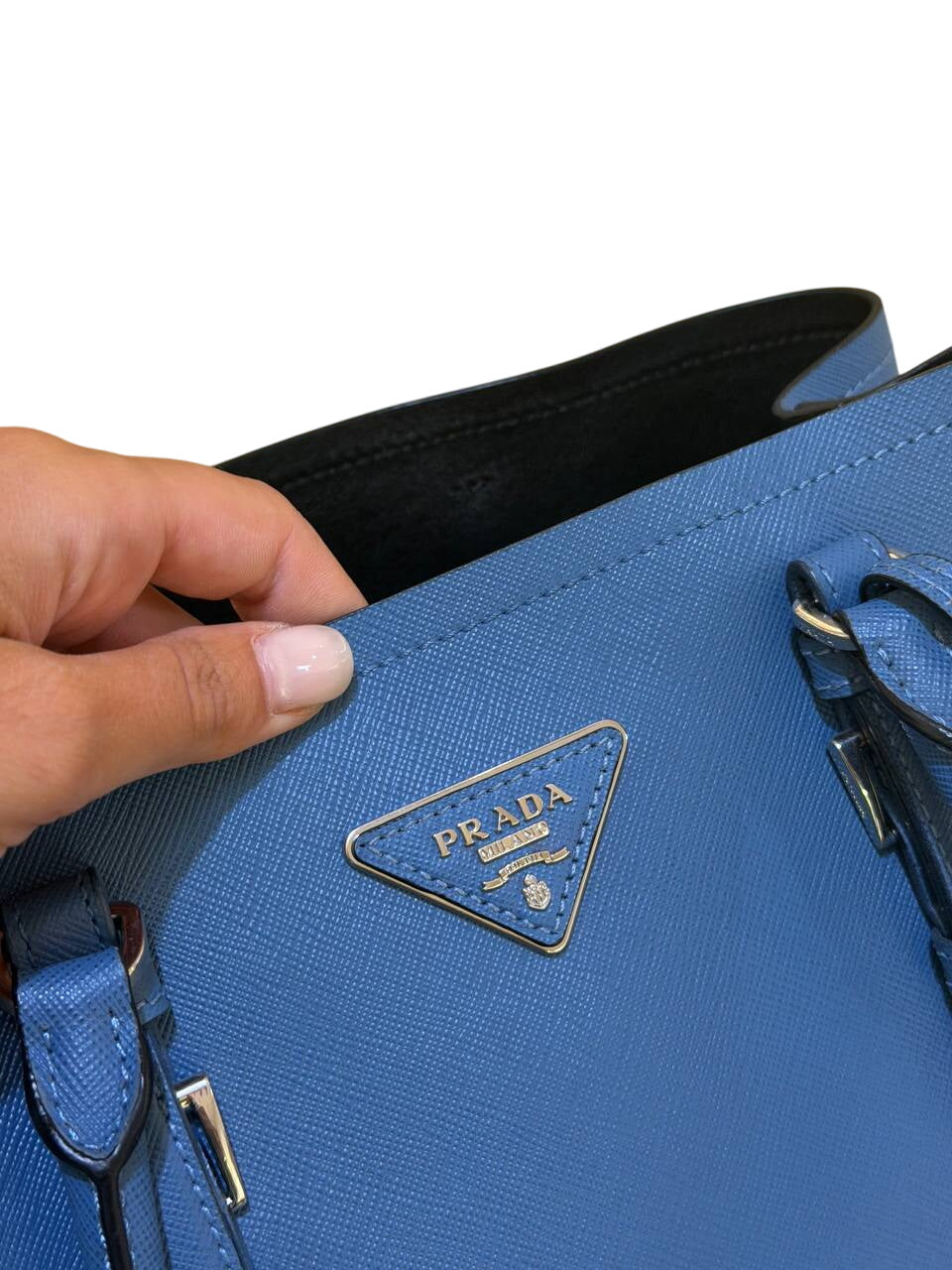 BORSA A MANO PRADA PELLE SAFFIANO AZZURRA
