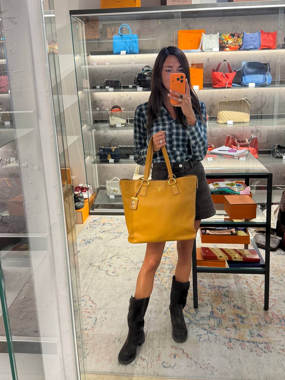 TOTE BAG PRADA PELLE VITELLO  OCRA / SENAPE