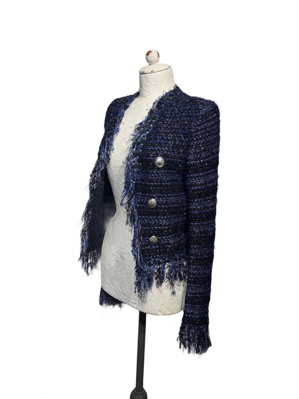 GIACCA BALMAIN PARIS TWEED BLU FRANGE Tg 38
