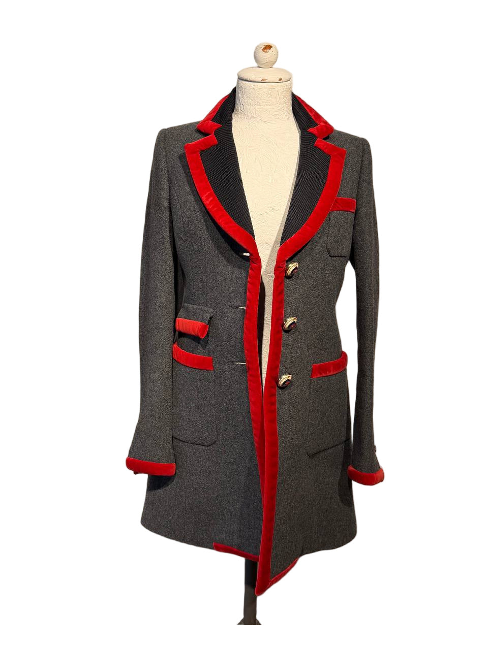 CAPPOTTO FAY  IN LANA VERGINE BORDI VELLUTO ROSSO Tg S